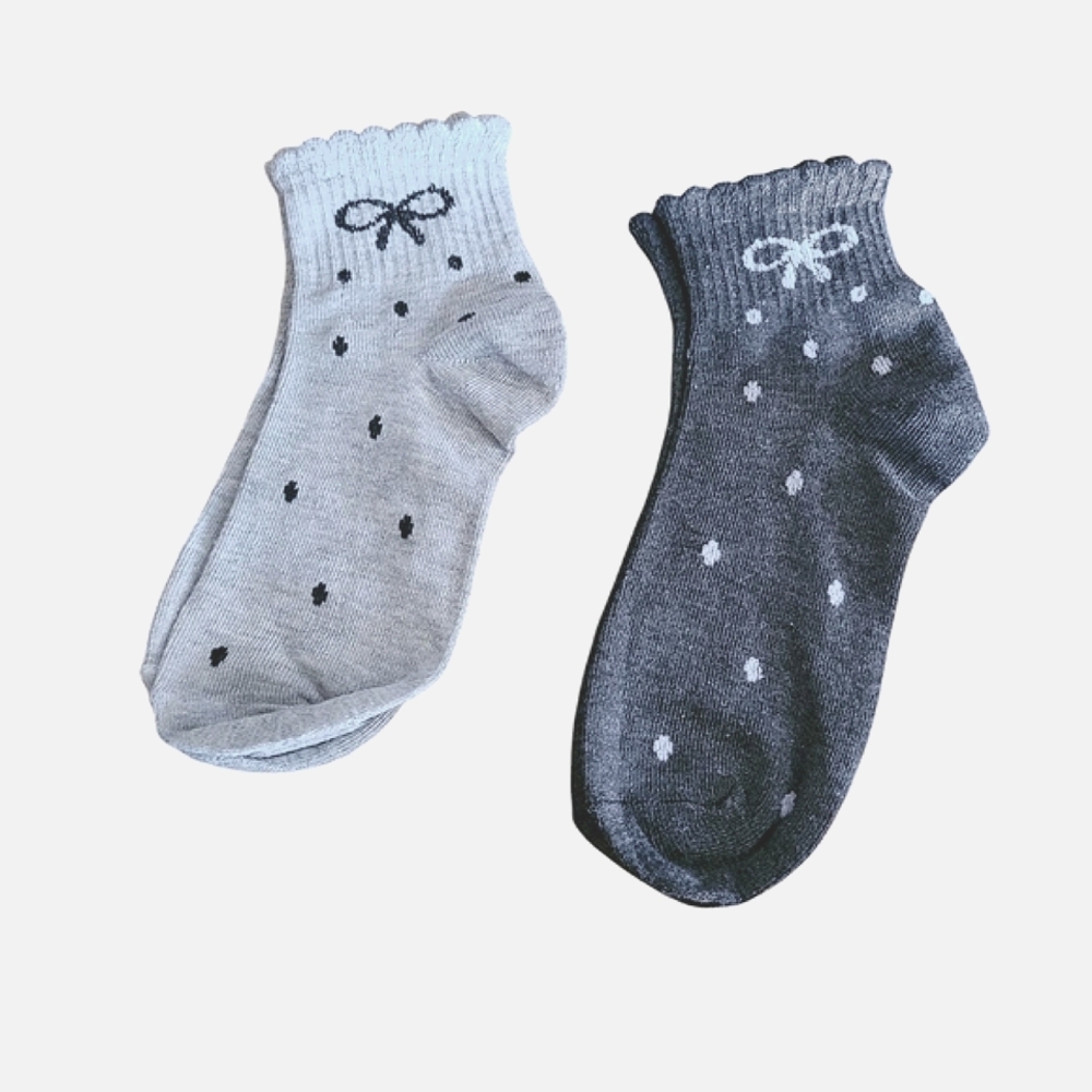Ruffle Polka Dot and Bow Patterned Ankle Socks in Light and Dark Gray Set of 2